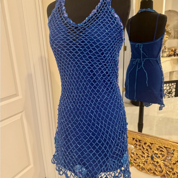Elegant‎ Blue hand, crocheted, and hand beaded Halter Dress/top - Picture 2 of 3